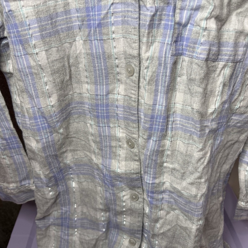 TALBOTS Womens Medium Lavender Purple Silver Plaid Flannel Night Shirt Gown - Picture 5 of 7